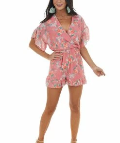 Peach Love Watermelon Floral Print Surplice Neck Romper