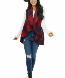 HYFVE Cherry And Navy Open Front Plaid Print Vest With Lapel Outerwear