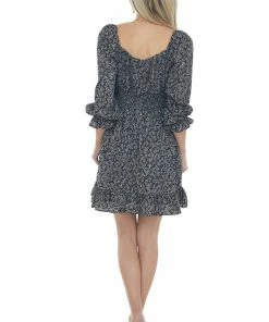 She + Sky Dresses Black Printed Long Bubble Sleeve Short Dress