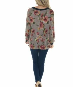 Haptics Taupe Floral Print Long Sleeve V Neck Knit Top Tops