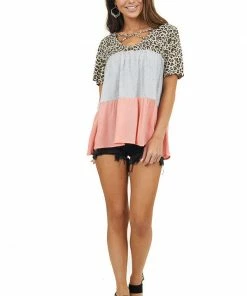 Main Strip Tops Grey Coral And Leopard Print Top With Criss Cross Neckline
