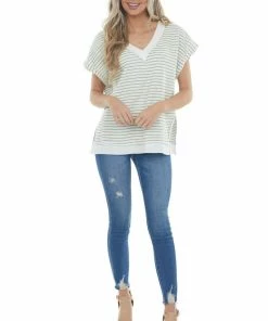 Umgee Sage And Ivory Striped V Neck Waffle Knit Top