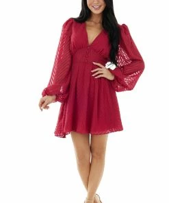 Flying Tomato Maroon Textured Long Bubble Sleeve Short Dress