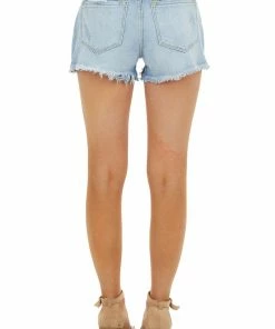KanCan Light Wash Mid Rise Jean Shorts With Destruction Details