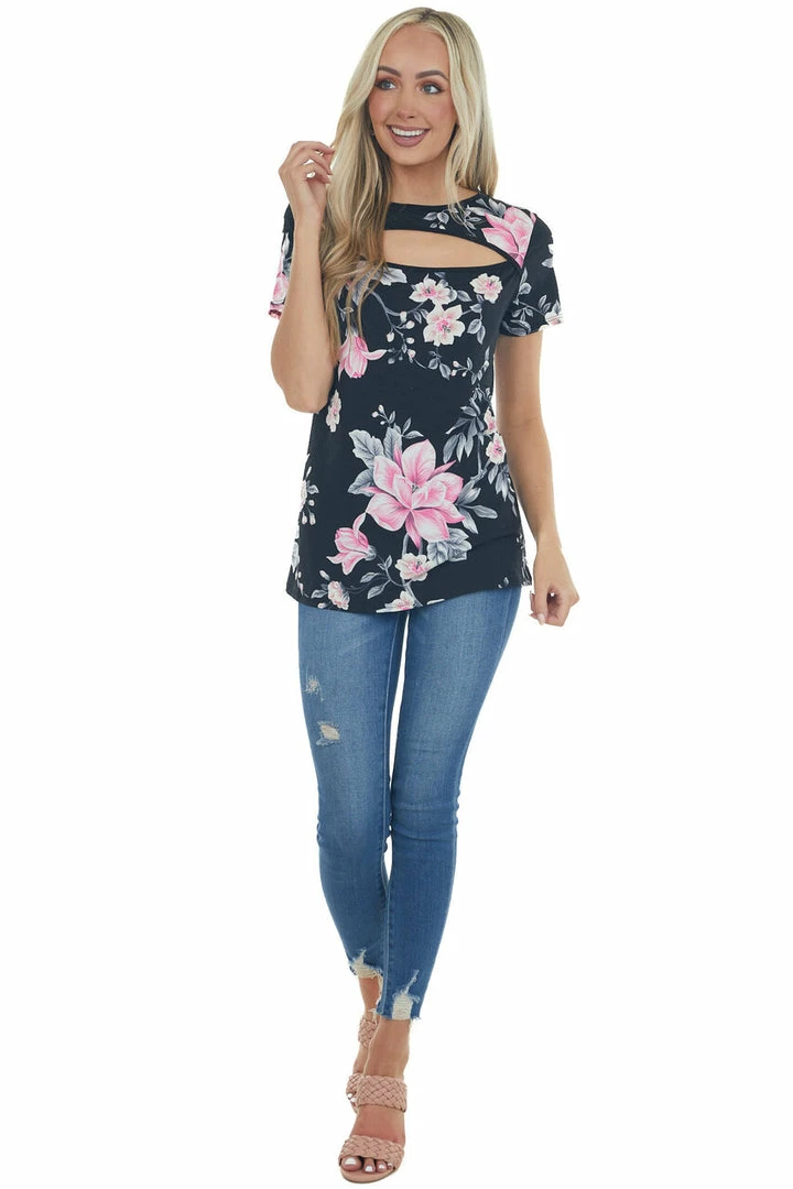 HEIMISH Black Floral Print Knit Top With Chest Cut Out Tops 6 HEIMISH Black Floral Print Knit Top With Chest Cut Out Tops