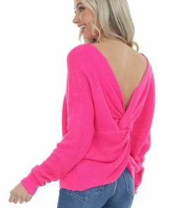 Lime Lush Hot Pink Twist Back Thick Ribbed Knit Sweater Tops 29 Lime Lush Hot Pink Twist Back Thick Ribbed Knit Sweater Tops