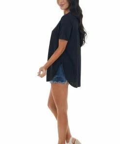 Lush Clothing Black Flowy Knit Top With Single Chest Pocket Tops