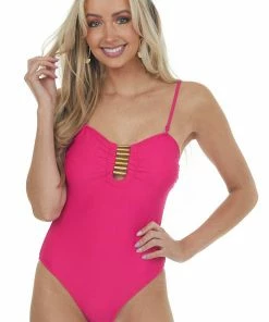 Davi & Dani Magenta Strapless Swimsuit With Gold Bar Detail
