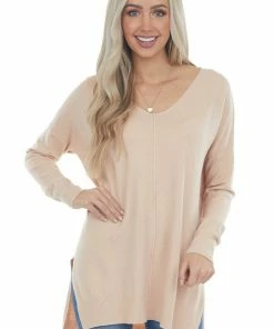 ZENANA Tops Peach Oversized High Low Hem Knit Tunic Top