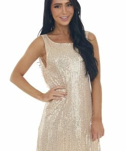 HYFVE Champagne Sequin Sleeveless Draped Back Dress 26 HYFVE Champagne Sequin Sleeveless Draped Back Dress