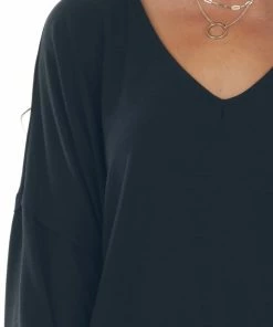 BucketList Tops Black Drop Shoulder Knit Top With V Neck