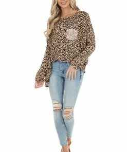 FSL APPAREL Beige Leopard Print Long Sleeve Top With Sequin Chest Pocket