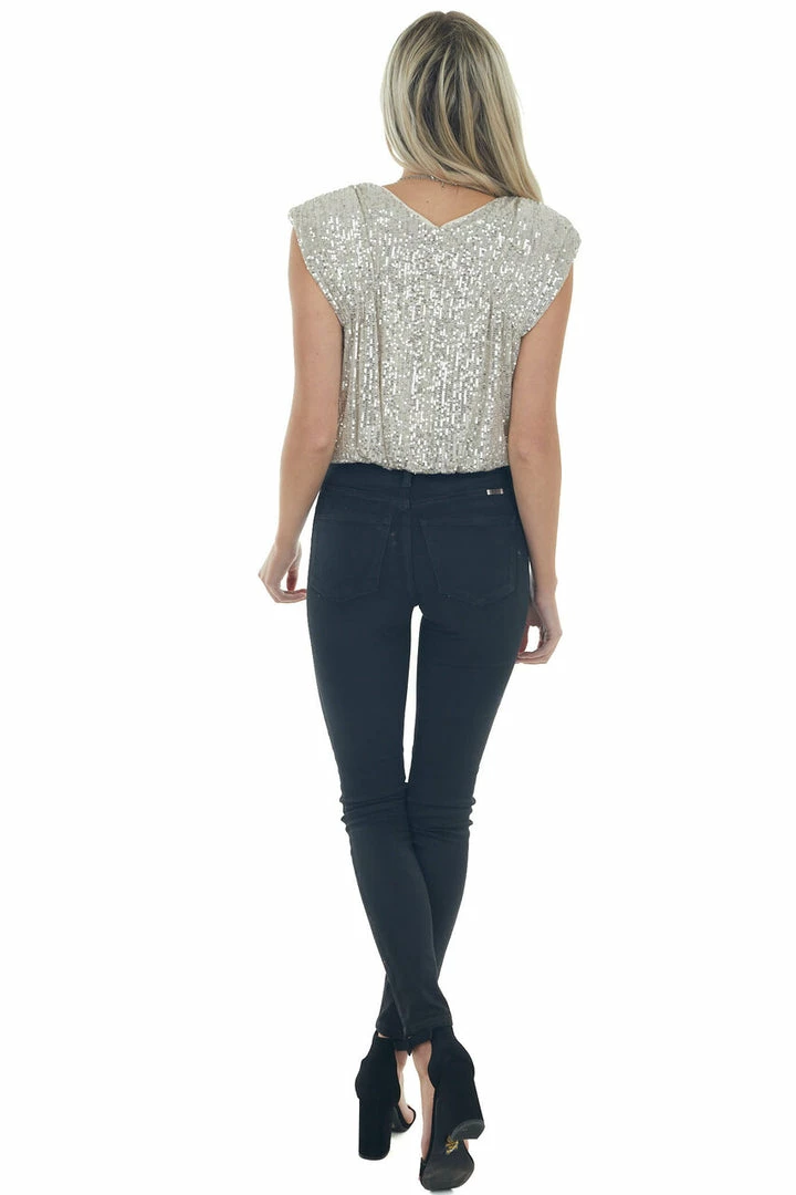 She + Sky Cream Sequined Surplice Shoulder Pad Bodysuit 15 She + Sky Cream Sequined Surplice Shoulder Pad Bodysuit