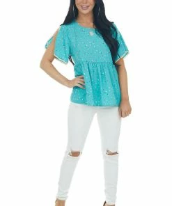 Andree Teal Multicolor Polka Dot Drop Waist Woven Top Tops
