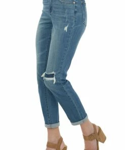 Judy Blue Medium High Rise Shredded Knee Boyfriend Jeans