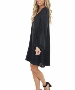 Caramela Black Satin Relaxed Fit Dress With Long Bubble Sleeves Dresses 30 Caramela Black Satin Relaxed Fit Dress With Long Bubble Sleeves Dresses