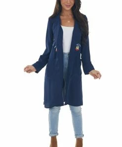 Davi & Dani Navy Floral Embroidered Open Midi Jacket Outerwear 27 Davi & Dani Navy Floral Embroidered Open Midi Jacket Outerwear