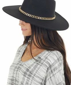 Fame Accessories Black Felt Flat Brim Western Style Hat With Chain Detail