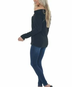 BiBi Black Criss Cross Brushed Waffle Knit Top