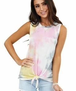 Wanna B Tops Multicolored Tie Dye Sleeveless Knit Top With Front Knot