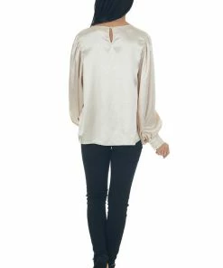 Vine & Love Champagne Printed Long Sleeve Satin Blouse 35 Vine & Love Champagne Printed Long Sleeve Satin Blouse