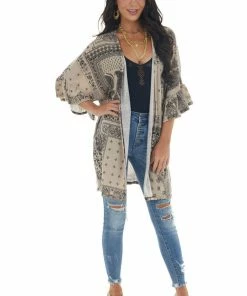 Lovely Melody Latte Abstract Print Open Front Knit Cardigan