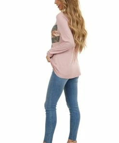 American Chic Dusty Blush Long Sleeve Top With Sequin And Camo Details