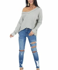 12PM Heather Grey Variegated Ribbed Knit Long Sleeve V Neck Top Tops