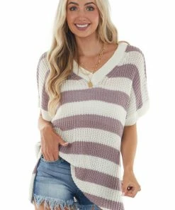 La Miel Tops Off White And Mauve Striped Loose Knit Top