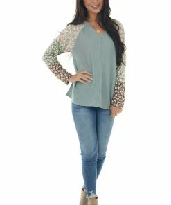 143 Story Faded Juniper Floral Colorblock Knit Top Tops