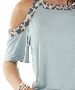 HEIMISH Tops Slate Blue Leopard Print Contrast Cold Shoulder Knit Top 27 HEIMISH Tops Slate Blue Leopard Print Contrast Cold Shoulder Knit Top