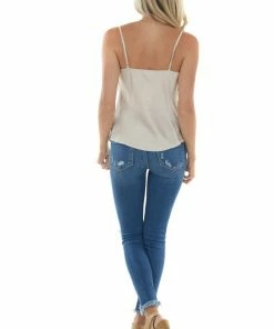 Hem & Thread Champagne Silky Camisole With Draped Neckline Tops