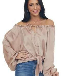 Peach Love Beige Notch Neck Front Tie Loose Satin Blouse