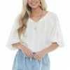 Davi & Dani Pearl Split Neck Blouse With Crochet Sleeves Tops