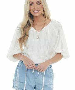 Davi & Dani Pearl Split Neck Blouse With Crochet Sleeves Tops