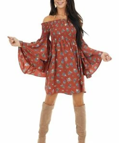 Lime Lush Brick Red Floral Print Off The Shoulder Mini Dress Dresses