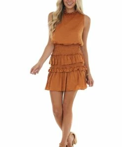 She + Sky Caramel Sleeveless Blouson Dress With Smocking And Ruffles Dresses