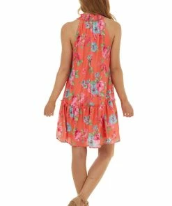 Peach Love Neon Orange Floral Print Sleeveless Mini Dress Dresses
