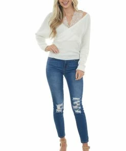 143 Story Tops Ivory Lace Strap Ribbed Knit Light Sweater