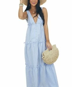 Vine & Love Cornflower And Ivory Striped Print Maxi Dress