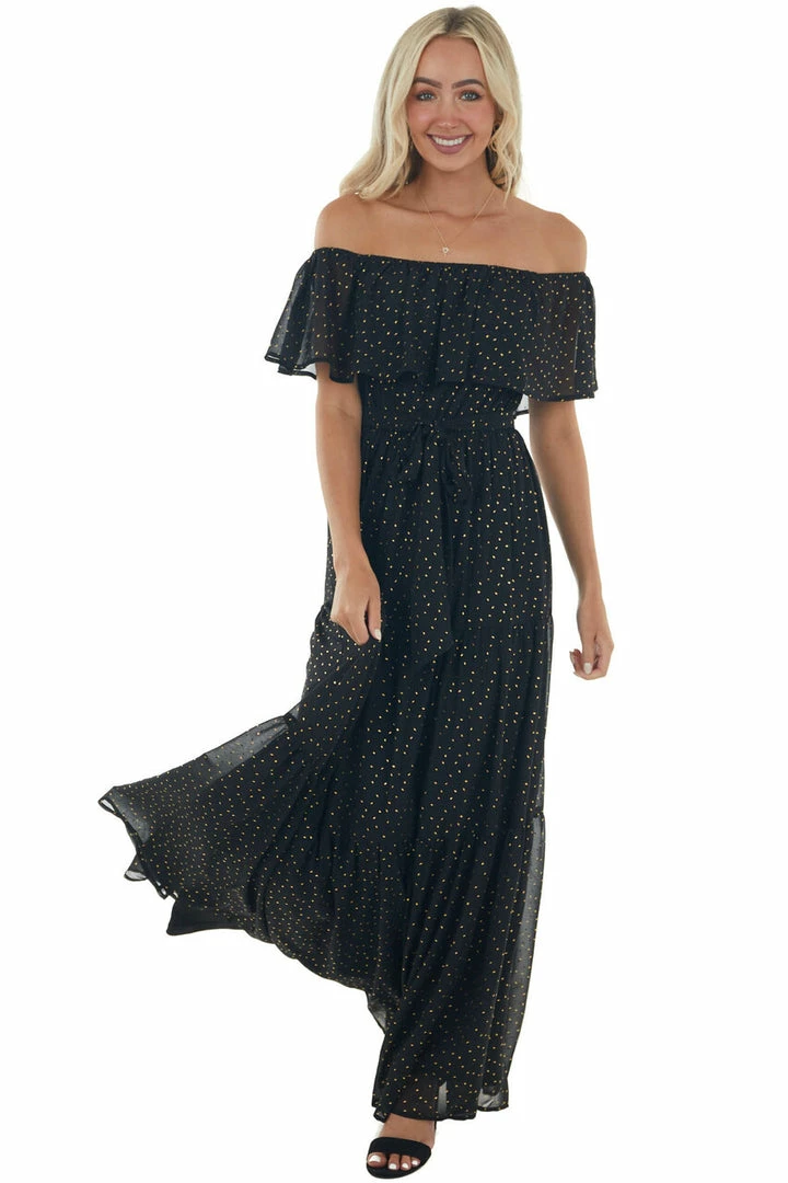 Flying Tomato Dresses Black And Gold Fleck Off Shoulder Maxi Dress 4 Flying Tomato Dresses Black And Gold Fleck Off Shoulder Maxi Dress