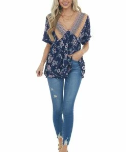 Davi & Dani Tops Rich Navy Multiprint Babydoll V Neck Woven Top 30 Davi & Dani Tops Rich Navy Multiprint Babydoll V Neck Woven Top