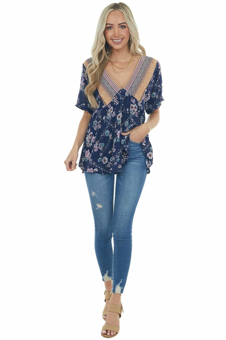 Davi & Dani Tops Rich Navy Multiprint Babydoll V Neck Woven Top 15 Davi & Dani Tops Rich Navy Multiprint Babydoll V Neck Woven Top