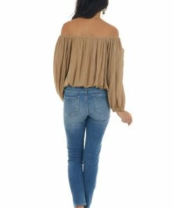 La Miel Tops Peanut Off Shoulder Long Bubble Sleeve Top
