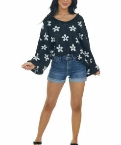 Peach Love Black And Ivory Daisy Print Sweater