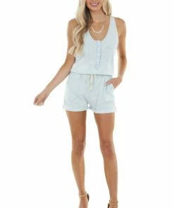 Trend Notes Dresses Pastel Blue Sleeveless Drawstring Romper With Side Pockets