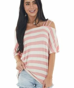 BiBi Blush Pink And Cream Striped Cold Strapped Shoulder Knit Top Tops 26 BiBi Blush Pink And Cream Striped Cold Strapped Shoulder Knit Top Tops