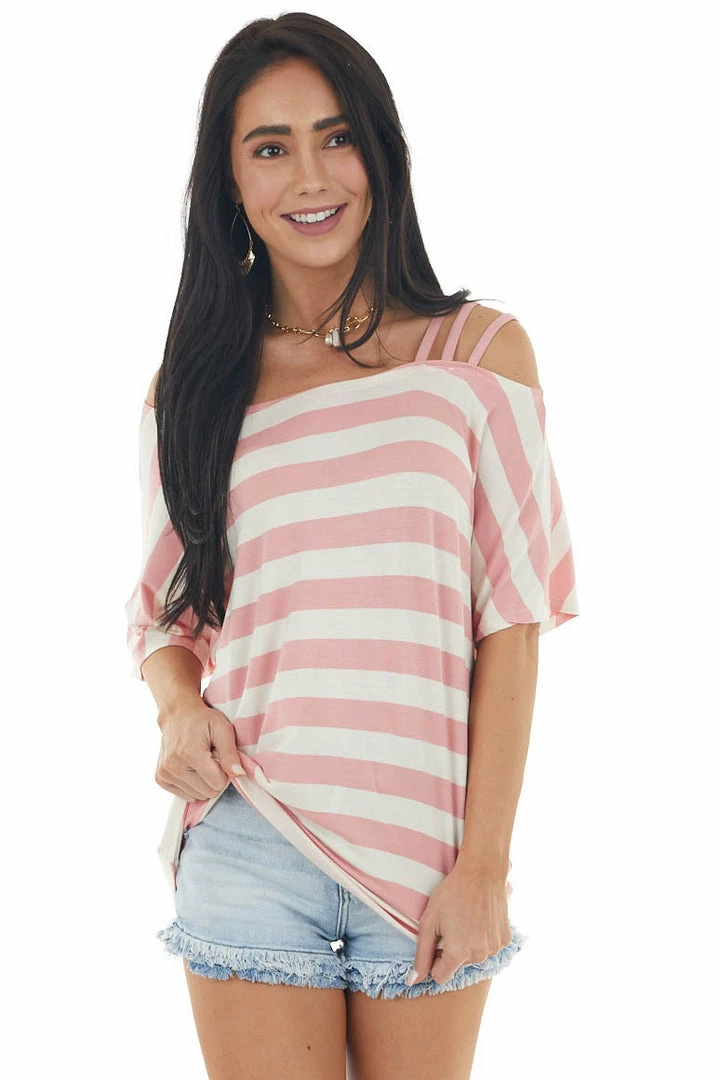 BiBi Blush Pink And Cream Striped Cold Strapped Shoulder Knit Top Tops 11 BiBi Blush Pink And Cream Striped Cold Strapped Shoulder Knit Top Tops