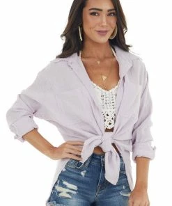 La Miel Tops Thistle Button Up Top With Frayed Edges Detail