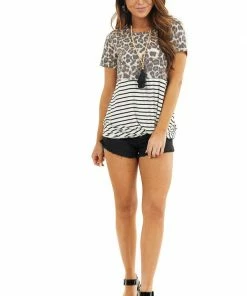 American Chic Tops Ivory Leopard And Striped Color Block Top With Front Twist